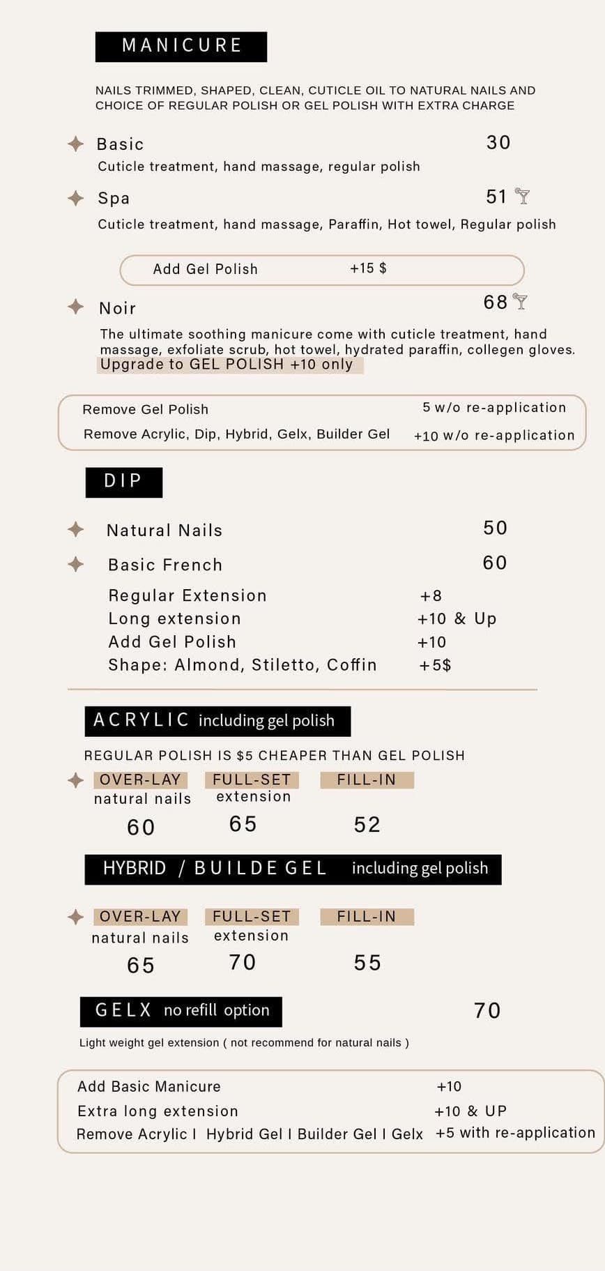 Manicure, dip, acrylic, hybrid / builder gel and Gel-X menu with prices