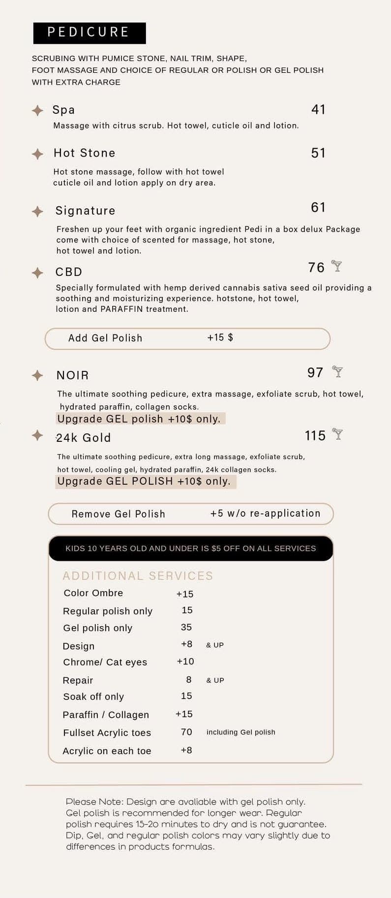 Pedicure and additional services menu with prices