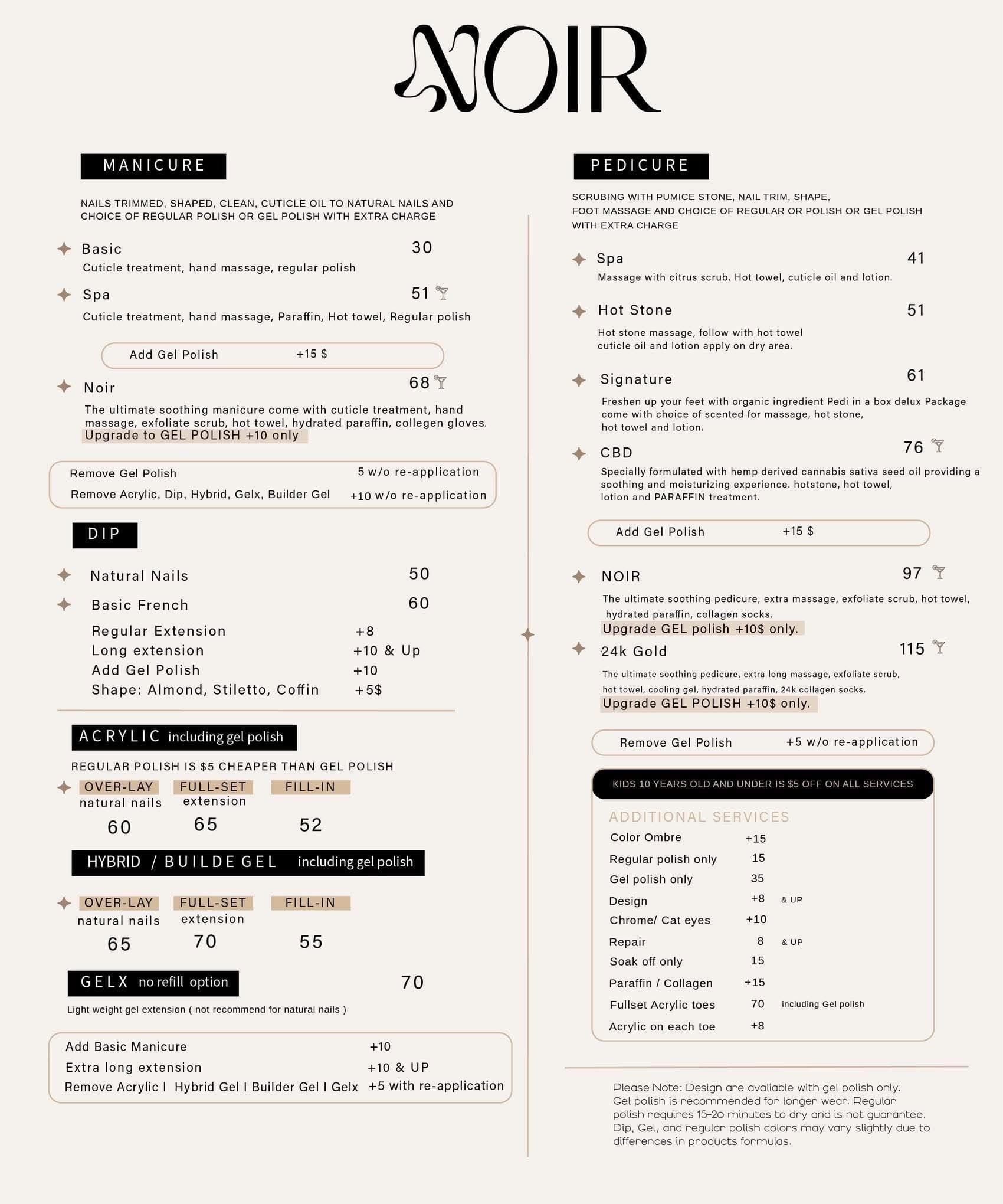 Noir Nails service menu: manicure, pedicure, dip, acrylic, hybrid / builder gel, Gel-X and additional services with prices